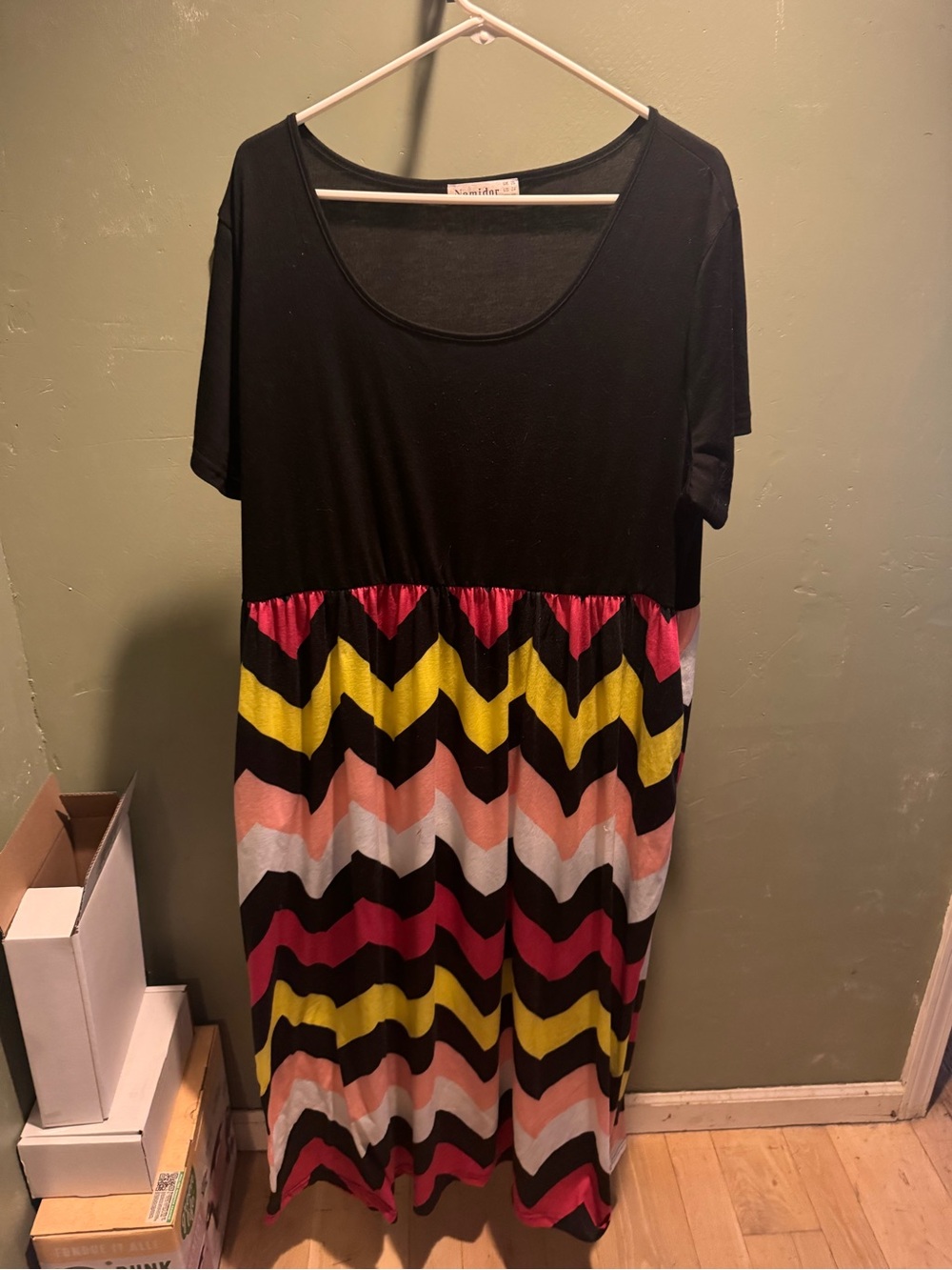 Midori Black Bodice Chevron Midi Dress with Pink, Yellow and Peach Stripes